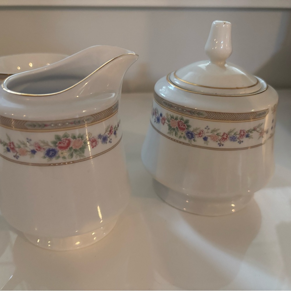 Floral Porcelain Creamer and Sugar Set, bowls & platter